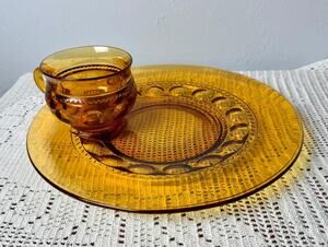 1970s Set of 4 Vintage Indiana Glass King's Crown Amber Snack Set |  Thumbprint